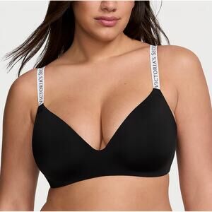 Victorias Secret Black T- Shirt Lightly Lined Wireless Bra 34D Wide Logo Straps
